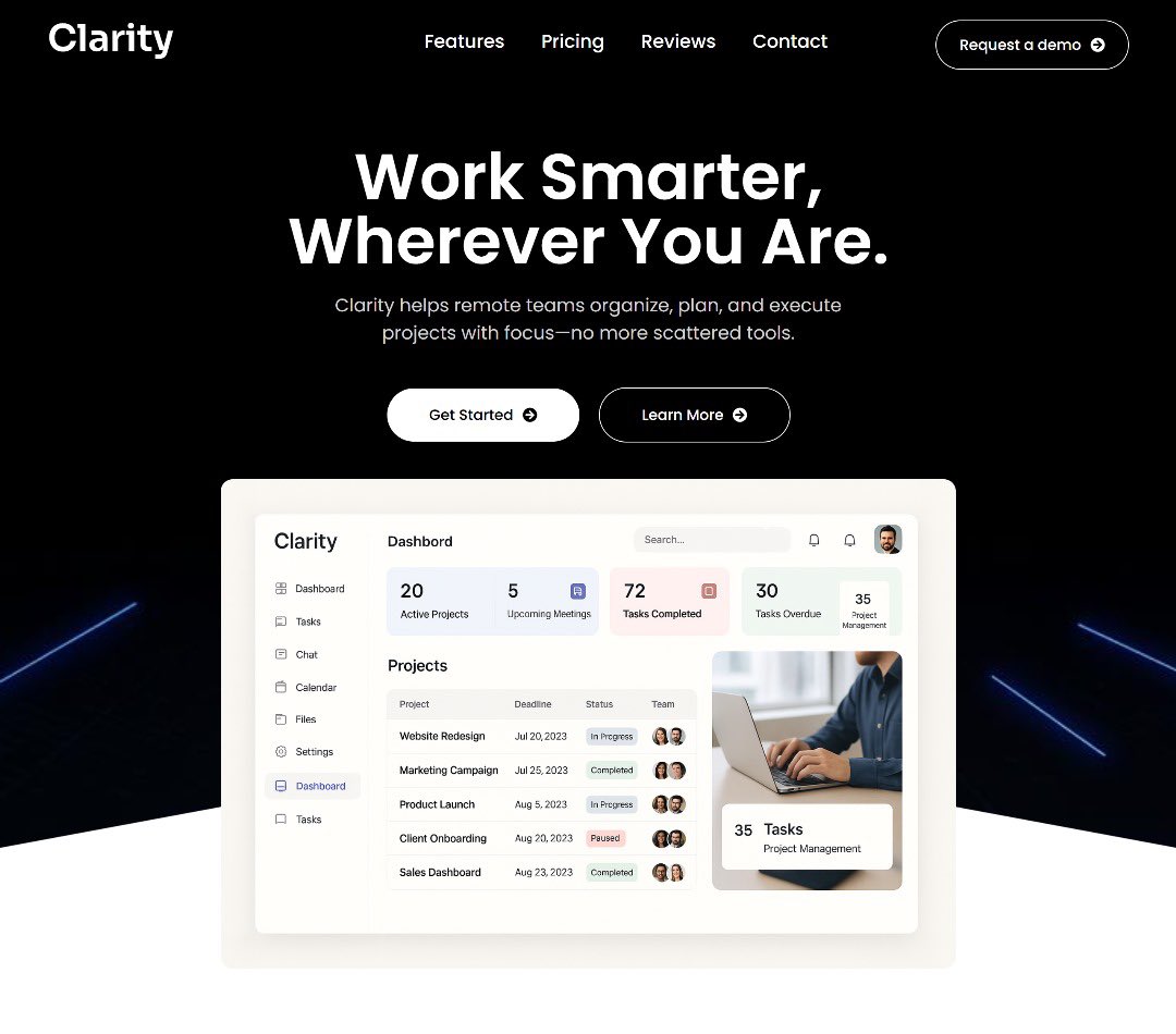 Here's my entry for week 1 of #WPDesignChallenge 

Built a hero section for Clarity — a modern productivity tool for remote teams.

link— x.winzystudios. com. ng (twitter issues) 

Built with Elementor.
<a href="/hiayoola/">Ayoola Daniel✨👒</a>