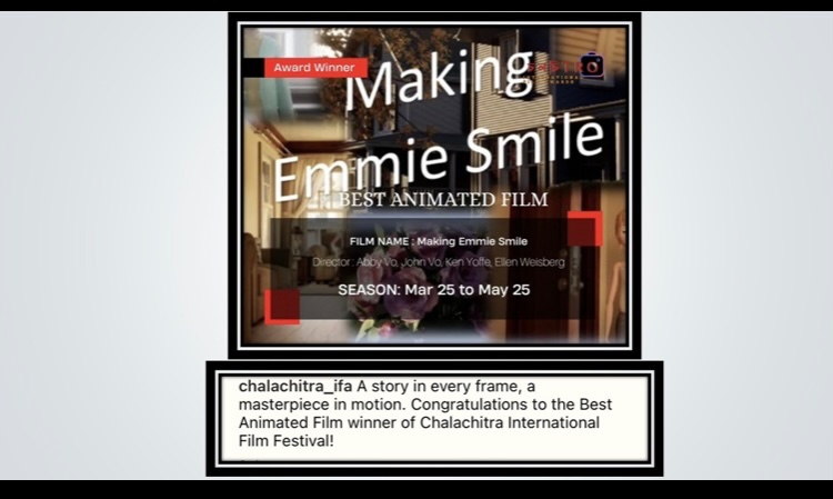 Ellen Weisberg (@siggieulfdots) on Twitter photo Amazing news! "Making Emmie Smile" was just selected by the Chalachitra International Film Festival <a href="/ChalachitraF/">Chalachitra Film Awards</a> via FilmFreeway.com! -
Award Winner! Amazing news! "Making Emmie Smile" was just selected by the Chalachitra International Film Festival <a href="/ChalachitraF/">Chalachitra Film Awards</a> via FilmFreeway.com! -
Award Winner!