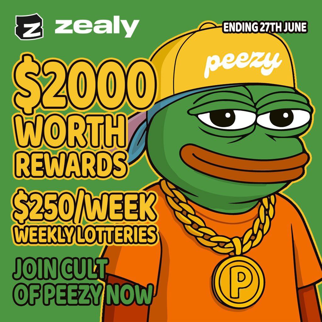🔥 Get ready for the Peezy Zealy Event!

🎁 Reward Pool - $2000 $PEEZY (Including Weekly $250 lotteries)
➡️ Top 10 Users will Win

💤 Zealy Link- zealy.io/cw/peezy/quest…

➡️ More XP = More Rewards 
#Zealy #Peezy #Airdrop #Zealyapp