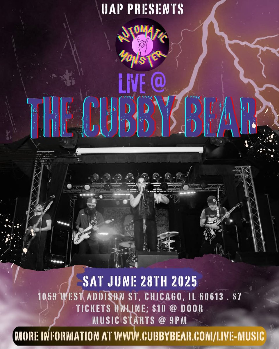 Automatic Monster live at <a href="/cubbybear/">The Cubby Bear</a> on Saturday, June 28th. 
Tickets On Sale today!🎟👇🎟👇
cubbybear.com/live-music