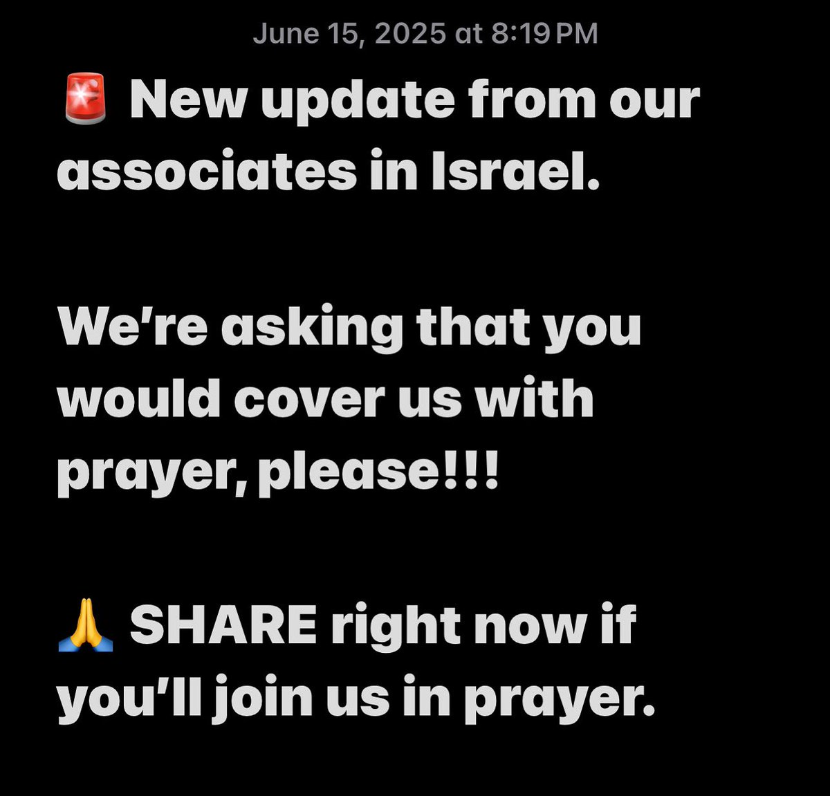 EndtimeInc's tweet image. 🚨 New update from our associates in Israel.

“We’re asking that you would cover us with prayer, please!!!”

🙏 SHARE right now if you’ll join us in prayer.

#Israel #Iran #iranisraelwar  #IranIsraelConflict