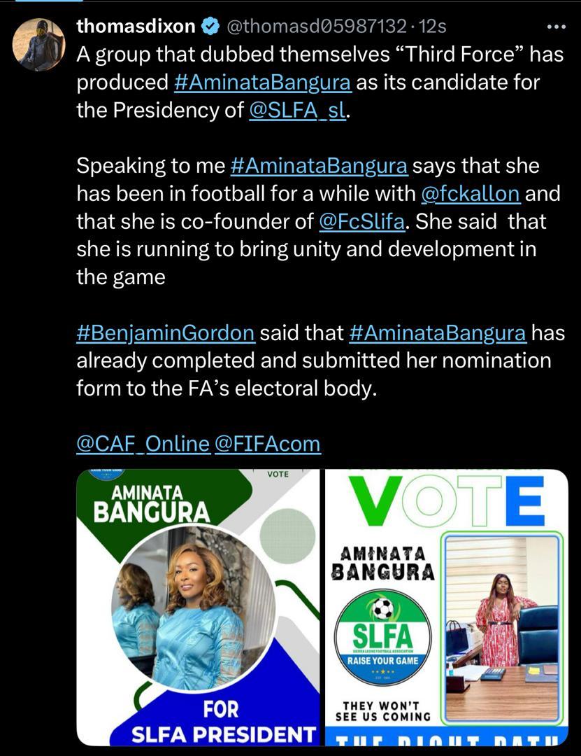 Rodney Michael (@superrod001) on Twitter photo It is now confirmed that incumbent <a href="/thomasdbrima/">Thomas Daddy Brima</a>, Leone Stars TM Alhaji Umarr Bah and shock candidate Aminata Bangura have also been nominated for the <a href="/SLFA_sl/">Sierra Leone Football Association</a> prestigious PRESIDENT position, and the election is scheduled for 2nd August 2025 at Lungi. BABADI was first nominated It is now confirmed that incumbent <a href="/thomasdbrima/">Thomas Daddy Brima</a>, Leone Stars TM Alhaji Umarr Bah and shock candidate Aminata Bangura have also been nominated for the <a href="/SLFA_sl/">Sierra Leone Football Association</a> prestigious PRESIDENT position, and the election is scheduled for 2nd August 2025 at Lungi. BABADI was first nominated