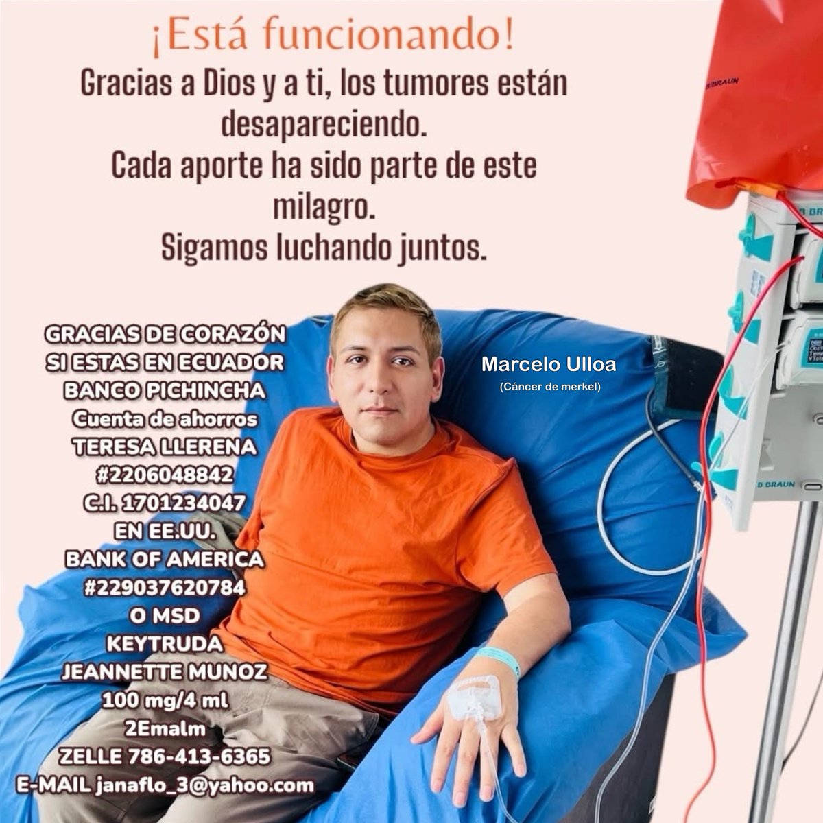 🔴📌

¡Nunca voy a dejar de admirar la puta valentía de mi Hermano Marcelo❤️!

-Aún no reúne los recursos ($9000) para su 4ta dosis de inmunoterapia específica (Keytruda el medicamento) que debía de aplicarse mañana (lunes 16 de junio). 

-Cero respuesta positiva y concreta del