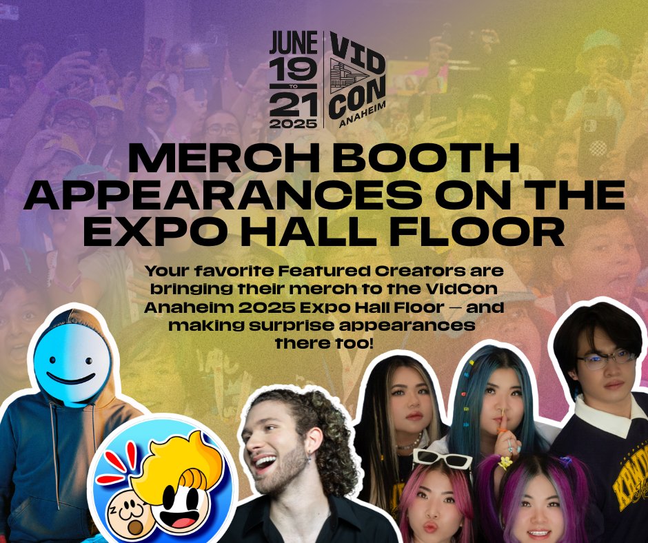 wait wait wait ANOTHER way to meet your favorite creators at #VidConAN25?! 

these Featured Creators are stepping off the stage and out onto the Expo Hall floor! 🤯😲🤩

make sure you have your VidCon app push notifications turned on to get in-real-time updates on when &amp; where