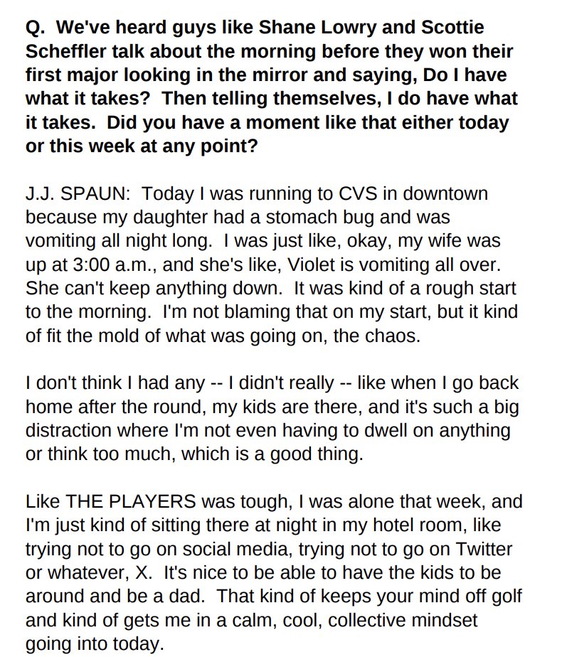 JJ Spaun's Sunday morning started extremely early after one of his daughters got hit with the stomach bug during the night.

Before his final round tee time, he made a CVS run for meds. Hours later, he's a U.S. Open winner.

Just a regular dad who happens to be great at golf.