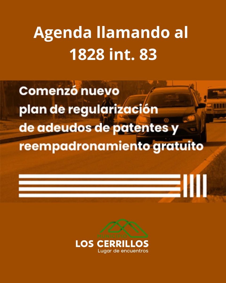 LosCerrillos_U's tweet photo. 🚘 Del 2/6 al 30/11/25 deudores de Patente (no multas de Transito), se podran amparar al Plan de Regularizacion de Adeudos 2025 (PRA2025), del cual se producira una quita según el aforo y año del vehiculo.

La deuda de Patente a convenir por el PRA2025 sera hasta el 31/12/24 y https://t.co/Vcbyhc9mNG
