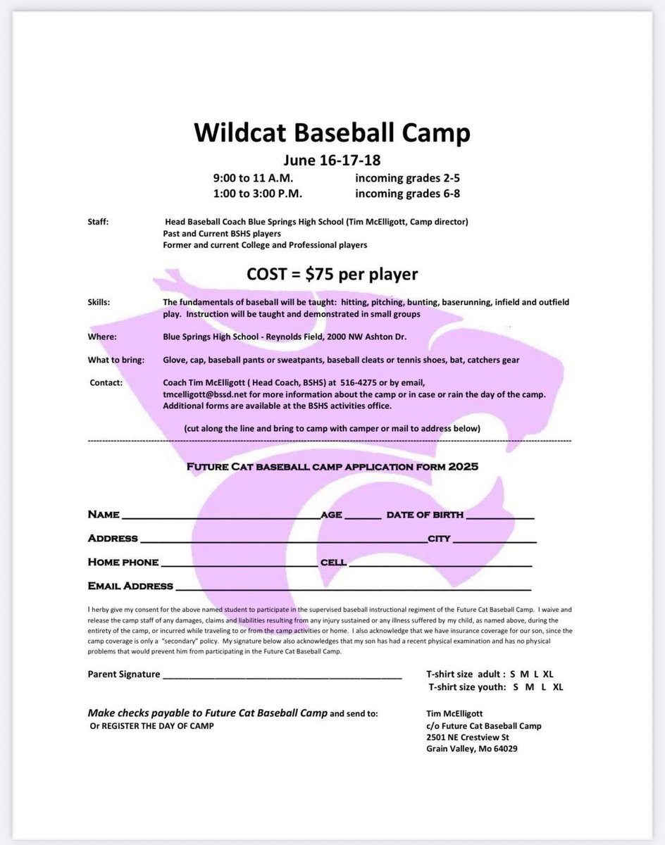 Bring your little ones out to youth camp this week! Monday - Wednesday. $75 per player. Incoming grades 2-5 from 9:00 - 11:00 am. 6-9 graders from 1:00 - 3:00 pm.