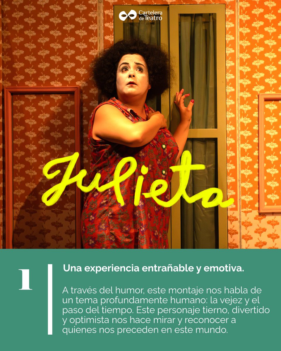 elteatrocdmx's tweet photo. Julieta es obra seleccionada en los Premios del Público Cartelera de Teatro 2026. Aquí te damos 3 razones para ver este entrañable montaje. Se presenta en el Teatro Milán los lunes, martes y miércoles, 20:45 horas.
#Teatro #Unipersonal #Clown #CDMX @chulatheclown @teatro_milan https://t.co/sdvvjmBQ50