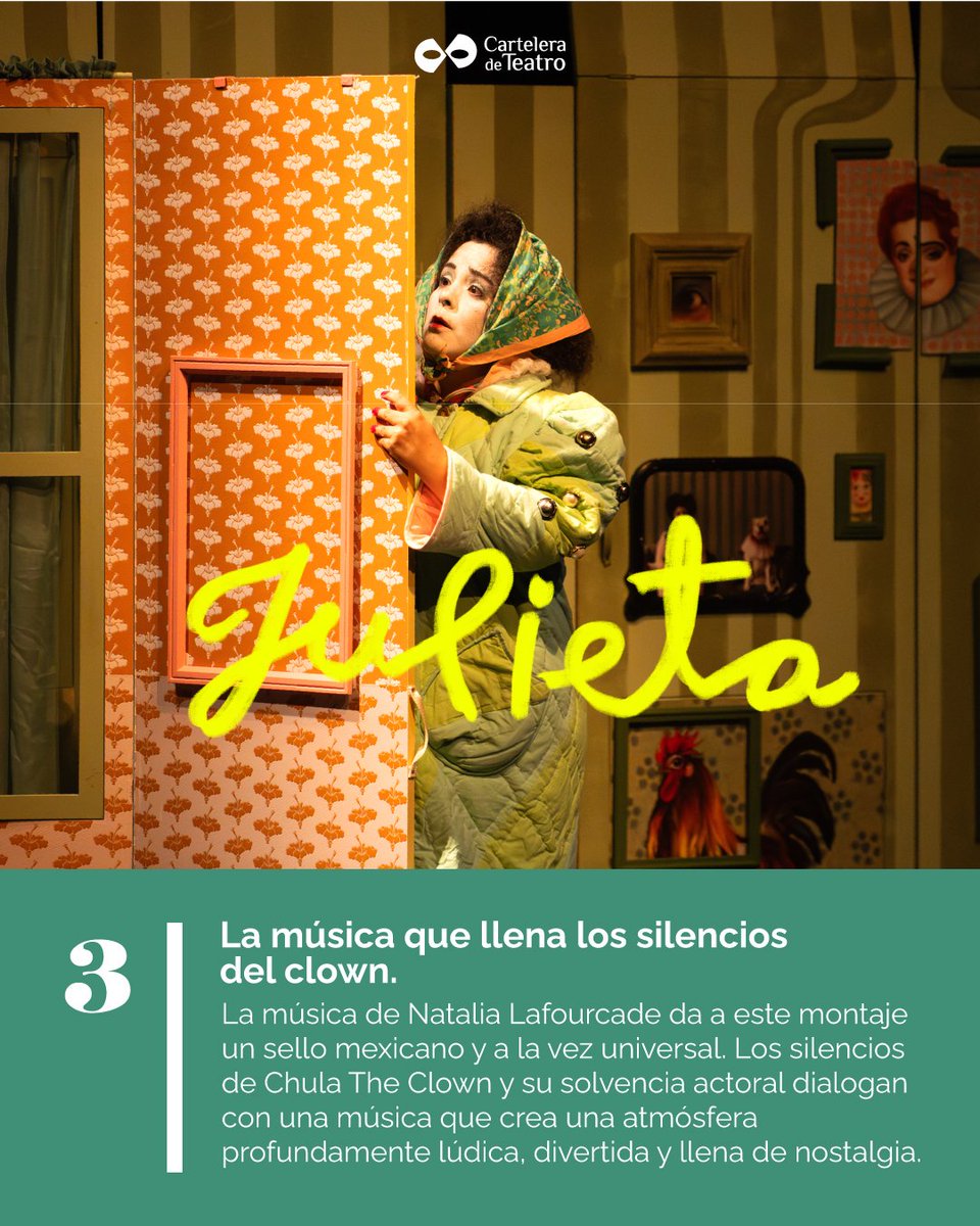 elteatrocdmx's tweet photo. Julieta es obra seleccionada en los Premios del Público Cartelera de Teatro 2026. Aquí te damos 3 razones para ver este entrañable montaje. Se presenta en el Teatro Milán los lunes, martes y miércoles, 20:45 horas.
#Teatro #Unipersonal #Clown #CDMX @chulatheclown @teatro_milan https://t.co/sdvvjmBQ50
