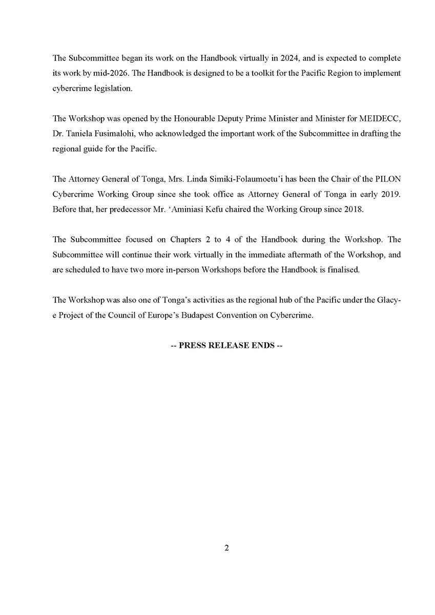 Press Release 16 June 2025

THE ATTORNEY GENERAL’S OFFICE HOSTED THE FIRST IN-PERSON WORKSHOP OF THE PACIFIC ISLAND LAW OFFICER’S NETWORK (PILON) CYBERCRIME LEGISLATION IMPLEMENTATION HANDBOOK SUBCOMMITTEE FROM 11 – 13 JUNE 2025 IN NUKU’ALOFA

ago.gov.to/cms/ago-materi…