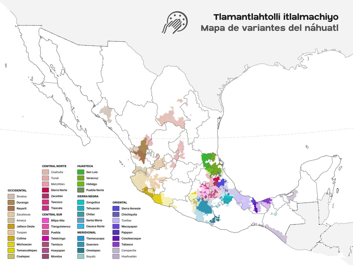 nahuatl_nl's tweet photo. Presentamos el primer mapa que reúne, en una sola imagen, la diversidad del #náhuatl hablado y documentado en #México. Esta obra cartográfica abarca tanto las variantes vivas como las históricas, y muestra su presencia con base en los límites municipales. https://t.co/ebVN2FWDYU