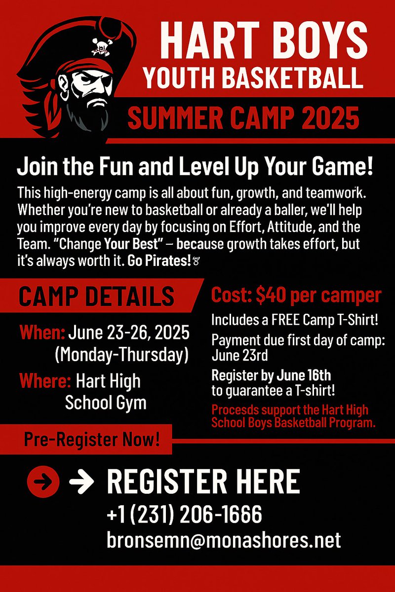 Join us for the Hart Boys Youth Basketball Camp, June 23–26! Open to boys entering 2nd–8th grade, the camp runs from (8:30–9:45 AM)for 2nd–5th graders and (9:45–11:00 AM)for 6th–8th graders. Coach Lane is also sponsoring one camper who wants to attend.(just message me)