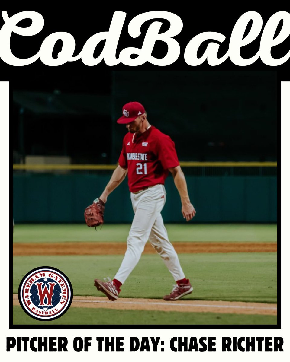 CodBall (@codball) on Twitter photo Chase Richter (<a href="/AStateBaseball/">Arkansas State Red Wolves Baseball</a>) is the CodBall Pitcher of the Day
Chase went 5 innings striking out 6 while allowing only 3 hits with no walks and no earned runs for the <a href="/WarehamGatemen/">Wareham Gatemen</a> Chase Richter (<a href="/AStateBaseball/">Arkansas State Red Wolves Baseball</a>) is the CodBall Pitcher of the Day
Chase went 5 innings striking out 6 while allowing only 3 hits with no walks and no earned runs for the <a href="/WarehamGatemen/">Wareham Gatemen</a>