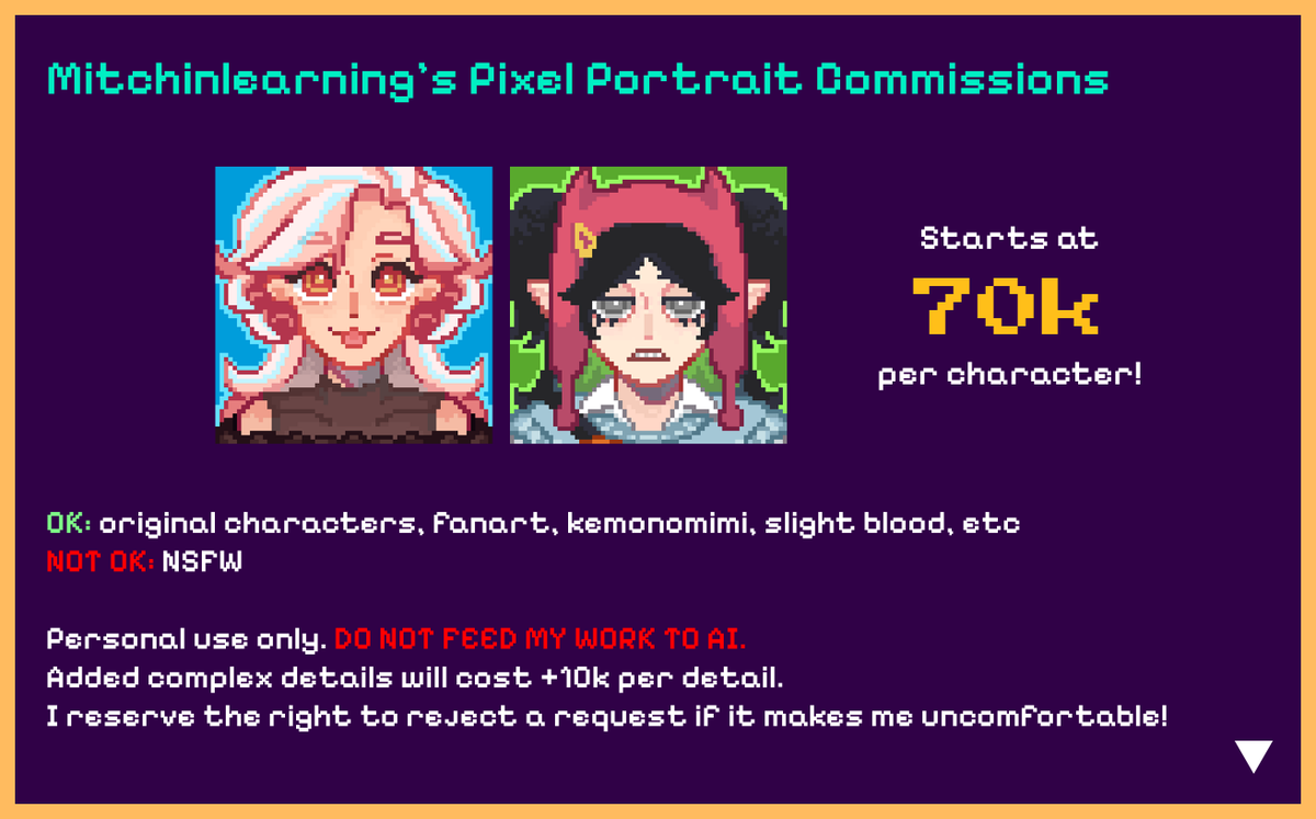 [ 🔁 and 💘 appreciated! ] 

as promised, I'm now opening comms for these pixel headshot portraits :3

Only 5 slots for now, DM me if interested!

#artidn #commissionopen