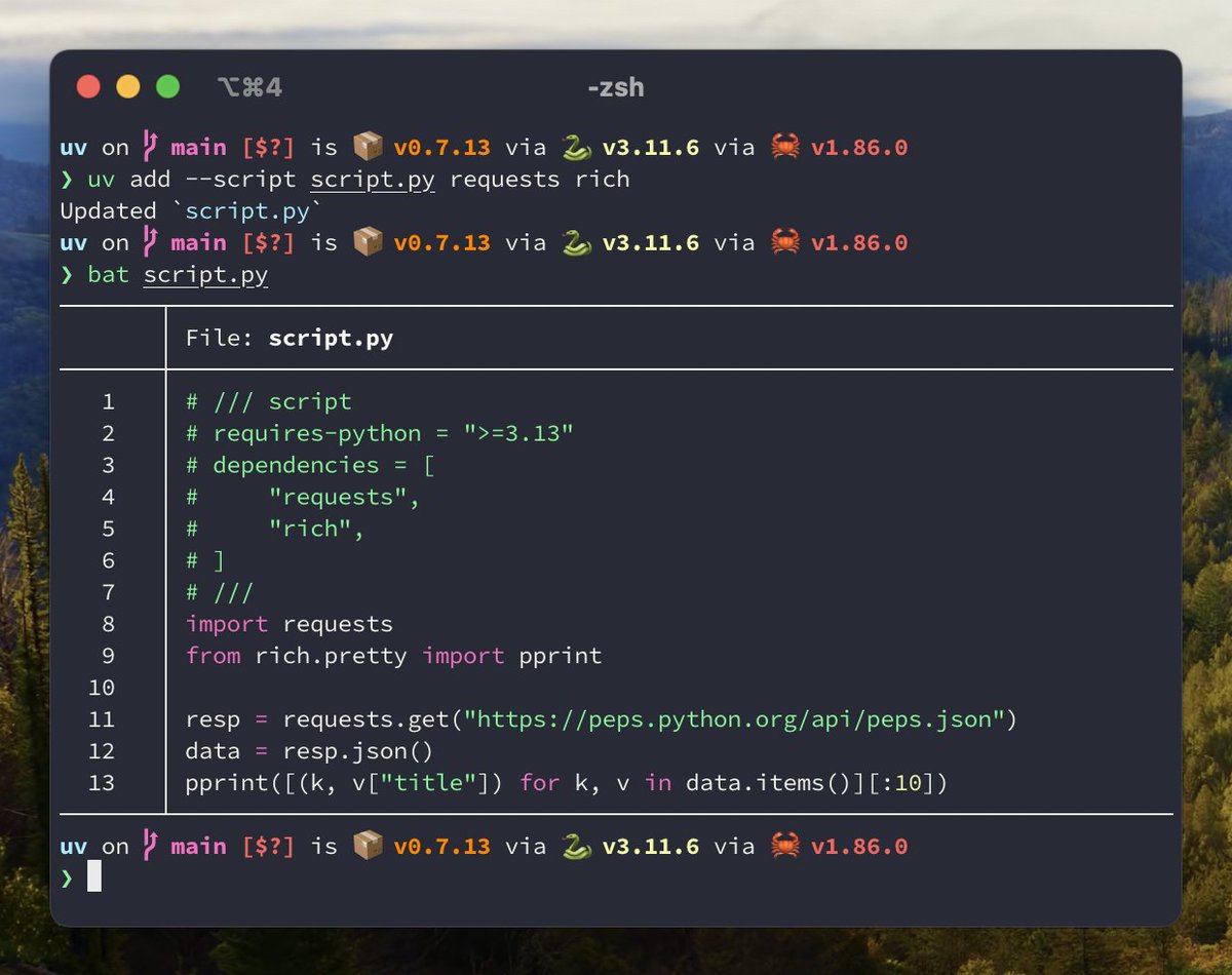 charliermarsh's tweet image. You can run `uv add --script /path/to/script.py` to add inline dependencies to a Python file. If the script header doesn't exist already, uv will generate it for you.
