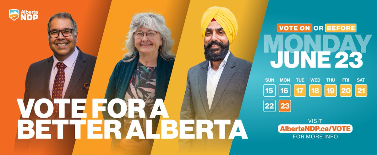 albertaNDP's tweet photo. Advance polls are now open! It's time to #VoteforBetter!
✔️Naheed Nenshi in Edmonton-Strathcona
✔️Gurtej Singh Brar in Edmonton-Ellerslie
✔️Bev Toews in Olds-Didsbury-Three Hills
Make your vote plan now: https://t.co/0motvLo7mN https://t.co/TNBsi92MRE