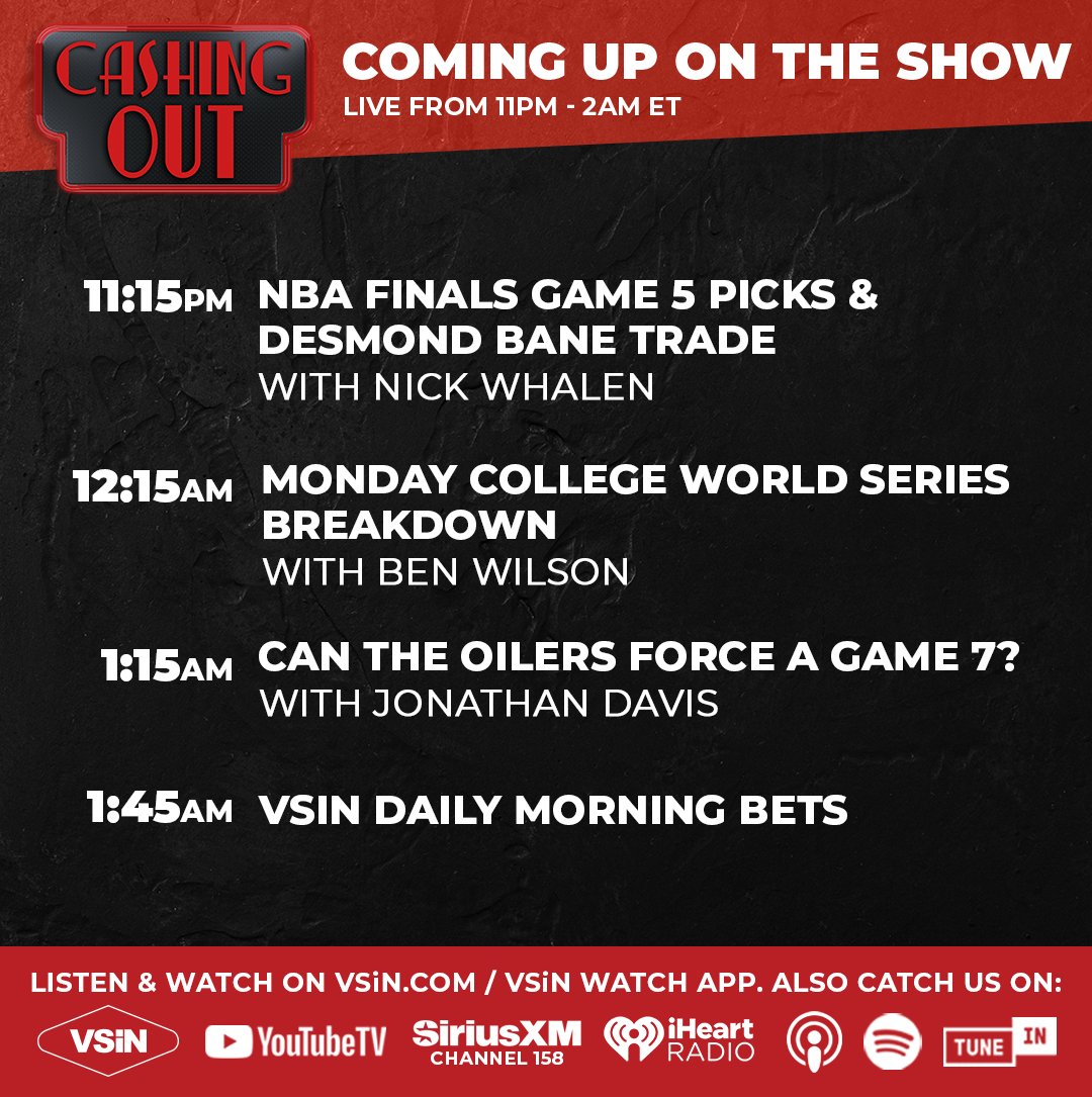 VSiN (@vsinlive) on Twitter photo Get your picks for Game 5 of the NBA Finals, and Monday’s MLB & College World Series action tonight on Cashing Out with <a href="/GUnit_81/">Greg Peterson</a> at 11 PM ET!
🏀 with @Wha1en
⚾ with <a href="/Ben_Wilson_1/">Ben Wilson</a>
🏒 with @WestCoasthky
Watch Live at: vsin.com/shows/vsin-liv… Get your picks for Game 5 of the NBA Finals, and Monday’s MLB & College World Series action tonight on Cashing Out with <a href="/GUnit_81/">Greg Peterson</a> at 11 PM ET!
🏀 with @Wha1en
⚾ with <a href="/Ben_Wilson_1/">Ben Wilson</a>
🏒 with @WestCoasthky
Watch Live at: vsin.com/shows/vsin-liv…