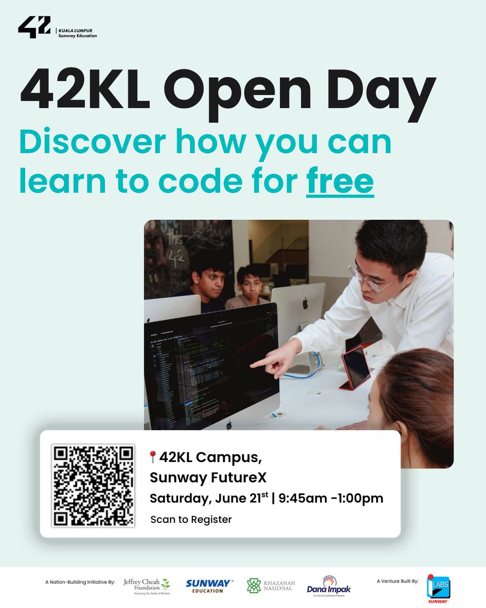 JeffSandhu's tweet image. 🚀 No experience? No problem.
If you’re 17+ and curious about coding, AI, Cybersecurity or Cloud — come for our Open Day at 42 Kuala Lumpur.
🎓 No teachers. No fees. Just skills that get you hired.
🗓️ June 21, 945AM
📍 42KL Campus
🔗 42my.online/opendayjune2025
#Born2Code #42KL