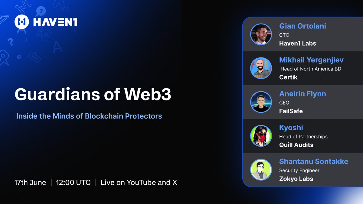 Haven1 🧑🚀 (@haven1official) on Twitter photo 🔐Guardians of Web3
What does it take to truly secure the next generation of blockchain innovation?
Join us on June 17 at 12:00 UTC for a deep dive with top firms shaping the future of Web3 security
🛡️<a href="/CertiK/">CertiK</a> | <a href="/zokyo_io/">zokyo</a> | <a href="/QuillAudits_AI/">QuillAudits | Web3 Security 🥷</a> | <a href="/getfailsafe/">FailSafe</a> | <a href="/Haven1official/">Haven1 🧑🚀</a> 🔐Guardians of Web3
What does it take to truly secure the next generation of blockchain innovation?
Join us on June 17 at 12:00 UTC for a deep dive with top firms shaping the future of Web3 security
🛡️<a href="/CertiK/">CertiK</a> | <a href="/zokyo_io/">zokyo</a> | <a href="/QuillAudits_AI/">QuillAudits | Web3 Security 🥷</a> | <a href="/getfailsafe/">FailSafe</a> | <a href="/Haven1official/">Haven1 🧑🚀</a>