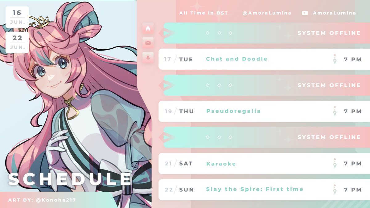 AmoraLumina's tweet photo. 💗Jun 16 - Jun 22💗  All time sin BST

Thank you for helping me pick some fun things this week!! Let's have fun!  

【TAGS】  
OSHI MARK - 💗🚀 
LIVE - #AmoraLive
GENERAL - #AmoraLumina
CLIPS - #AmoraClips
ART - #LuminArti
MEMES - #LumiLaughs
FAN NAME - Luminauts https://t.co/YkBF0jjTuO