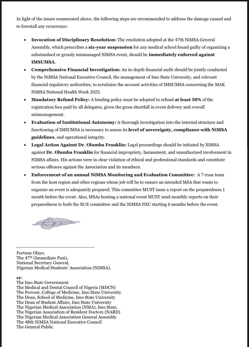 olayefortune's tweet photo. PETITION AGAINST THE IMO STATE UNIVERSITY MEDICAL STUDENTS’ ASSOCIATION (IMSUMSA) FOR GROSS MISCONDUCT AND IRREGULARITIES DURING THE “MAK” NIMSA NATIONAL HEALTH WEEK 2025 https://t.co/rduPCuggfJ