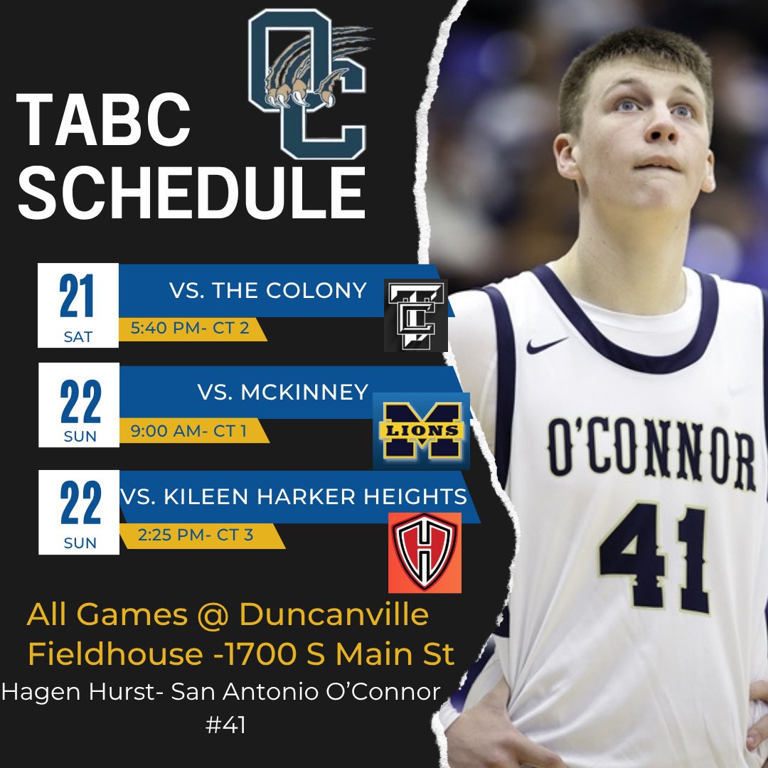 Hagen Hurst (@hurst_hagen) on Twitter photo Coaches, here is my schedule for the TABC next weekend with <a href="/OConnorHoops/">O'Connor Basketball</a>! Excited to compete and see y’all there! Coaches, here is my schedule for the TABC next weekend with <a href="/OConnorHoops/">O'Connor Basketball</a>! Excited to compete and see y’all there!