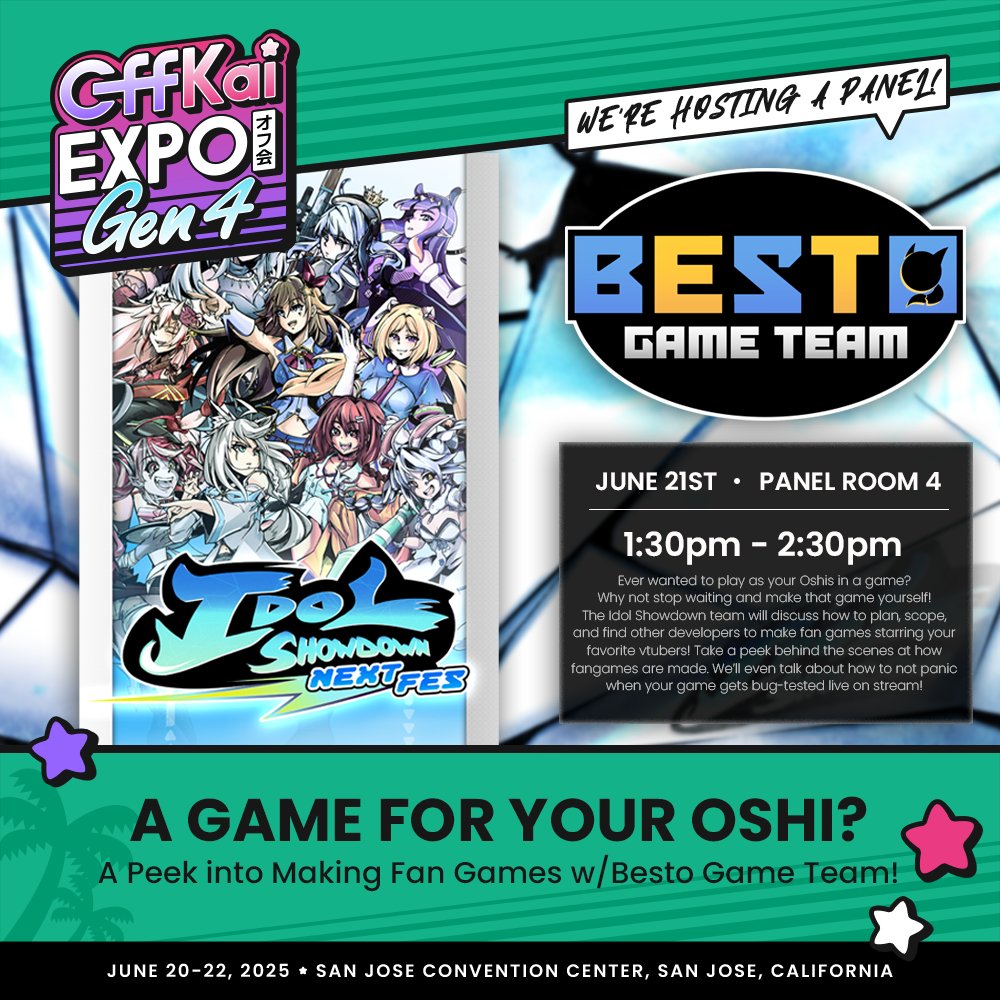 Idol Showdown: hololive Fighting Game (@idolshowdown) on Twitter photo We'll be hosting the "A Game For Your Oshi" panel at #OffKaiGen4!
Join <a href="/BestoGameTeam/">Besto Game Team 🪶</a> as we discuss the process of making a fanmade hololive fighting game!
Location: Panel Room 4
Date & Time: June 21st at 1:30pm - 2:30pm PST
#IdolShowdown #OffKaiExpo2025 We'll be hosting the "A Game For Your Oshi" panel at #OffKaiGen4!
Join <a href="/BestoGameTeam/">Besto Game Team 🪶</a> as we discuss the process of making a fanmade hololive fighting game!
Location: Panel Room 4
Date & Time: June 21st at 1:30pm - 2:30pm PST
#IdolShowdown #OffKaiExpo2025