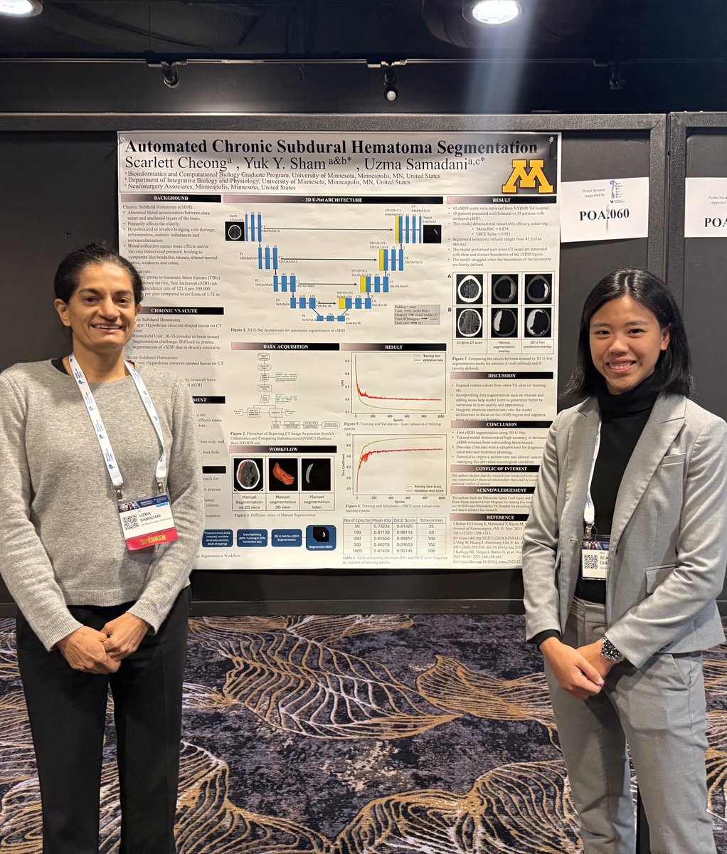DrSamadani's tweet image. Congratulations @scarlettch74277 on your Trainee Travel Award for the National Neurotrauma Symposium. Great work on algorithmic image analysis using #AI to identify hemorrhage @AANSCNStrauma @Neurotrauma #nns2025