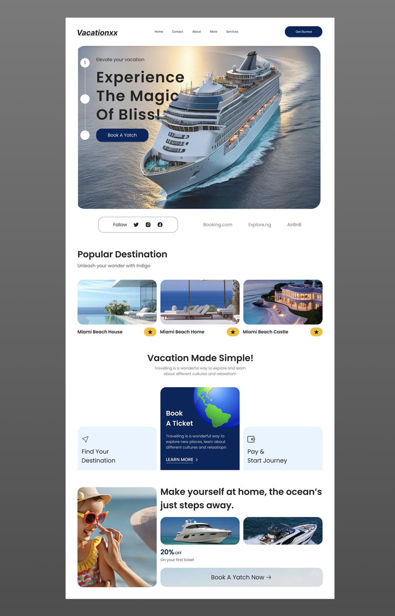 Angelarts04's tweet photo. Day 3 of 100 
Designed a website vacation landing page for a yacht booking experience!

#ProductDesign #UIDesign #UIChallenge https://t.co/gUqK1jurYX