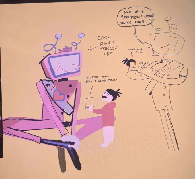 saw ppl making tenna versions of their own TVs so rlly quickly here's mine :) I mostly watch cartoons (superjail, invader zim, liquid television) on him + weird horror movies + old documentary footage ( bloody wrestling, dominatrix tapes, dangerous motorcycle stunts) I collect :3