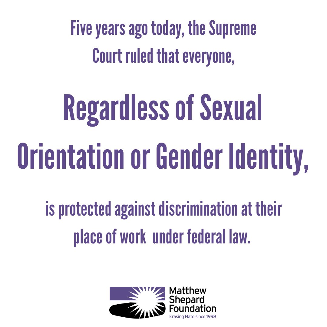 Five years ago today the Supreme Court Case Bostock v. Clayton County was decided in a 6-3 vote that strengthened protections for LGBTQ+ employees across the country. Today, we use this case to remind ourselves of the importance of fighting to erase hate.