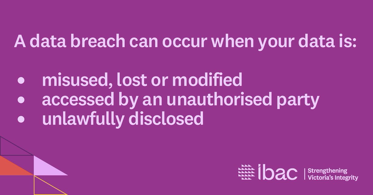 A data breach occurs when your data is misused or lost, modified, accessed by an unauthorised party or unlawfully disclosed.  See what to do if you have a data breach in a Victorian government organisation: ow.ly/yarl50W2k9F
#Privacy #PrivacyLaw #DataProtection #PAW2025