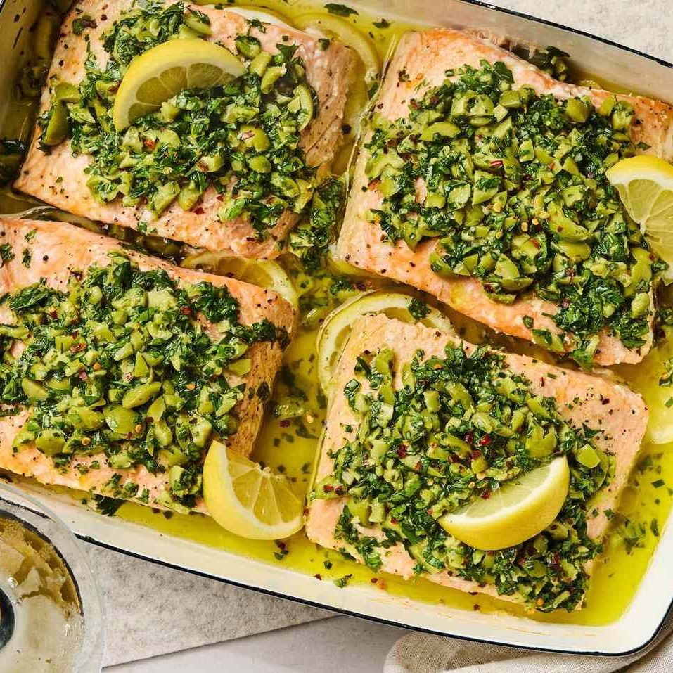 foodandwine's tweet photo. Slow-roasted salmon gets a boozy upgrade with an olive-and-vermouth brine — think dirty martini, but dinner 🍸. Get the recipe: https://t.co/xf8SeNhlzE https://t.co/yHLVG0vIMo