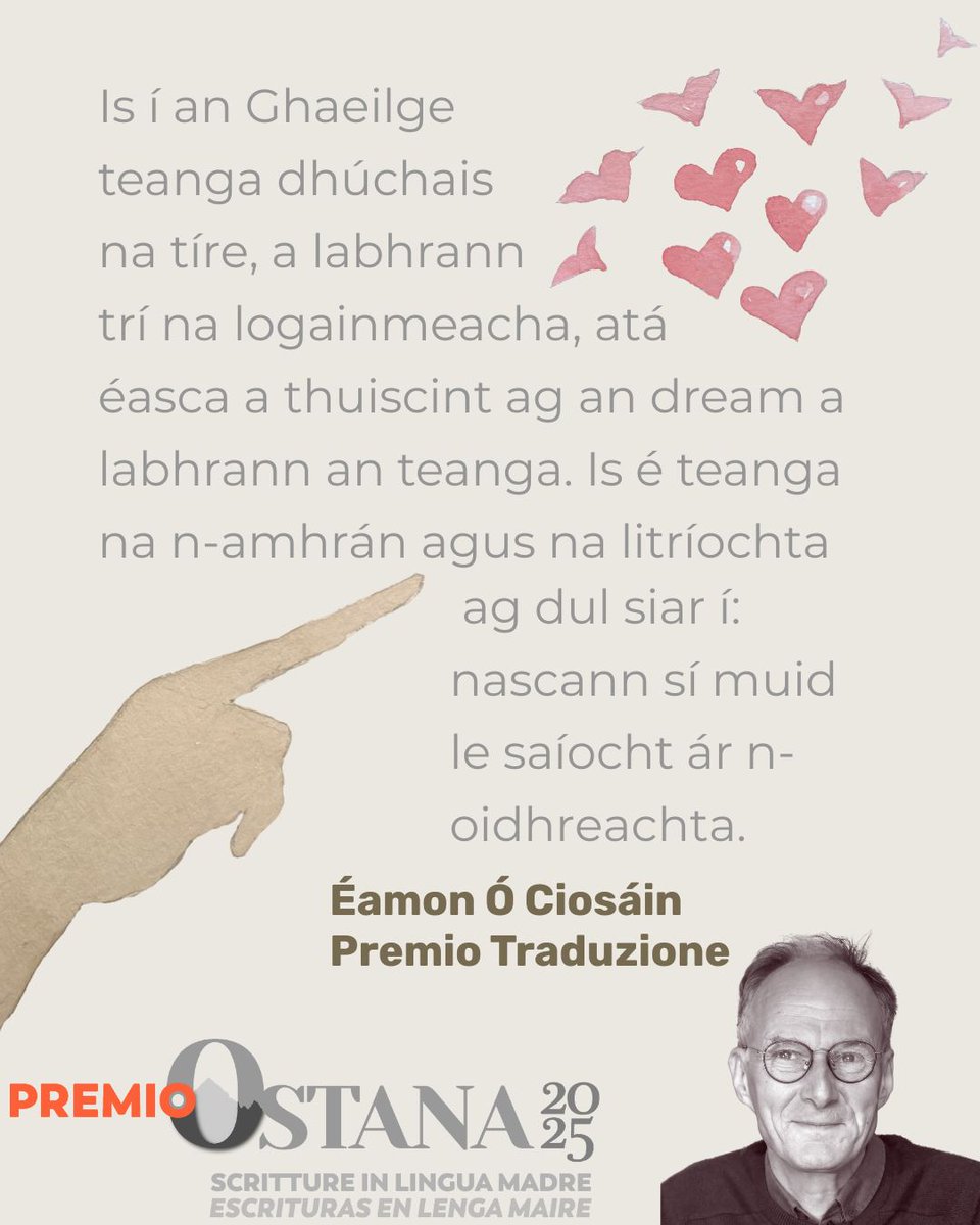 🏆 #TRANSLATION PRIZE 2025 to Éamon Ó Ciosáin

Translation is a vital bridge for the survival of #motherlanguages, and Éamon's one of its tireless builders. Through his work with #Irish, #French, and #Breton, he keeps cultures, words, and identities alive🌍📚

#PremioOstana2025