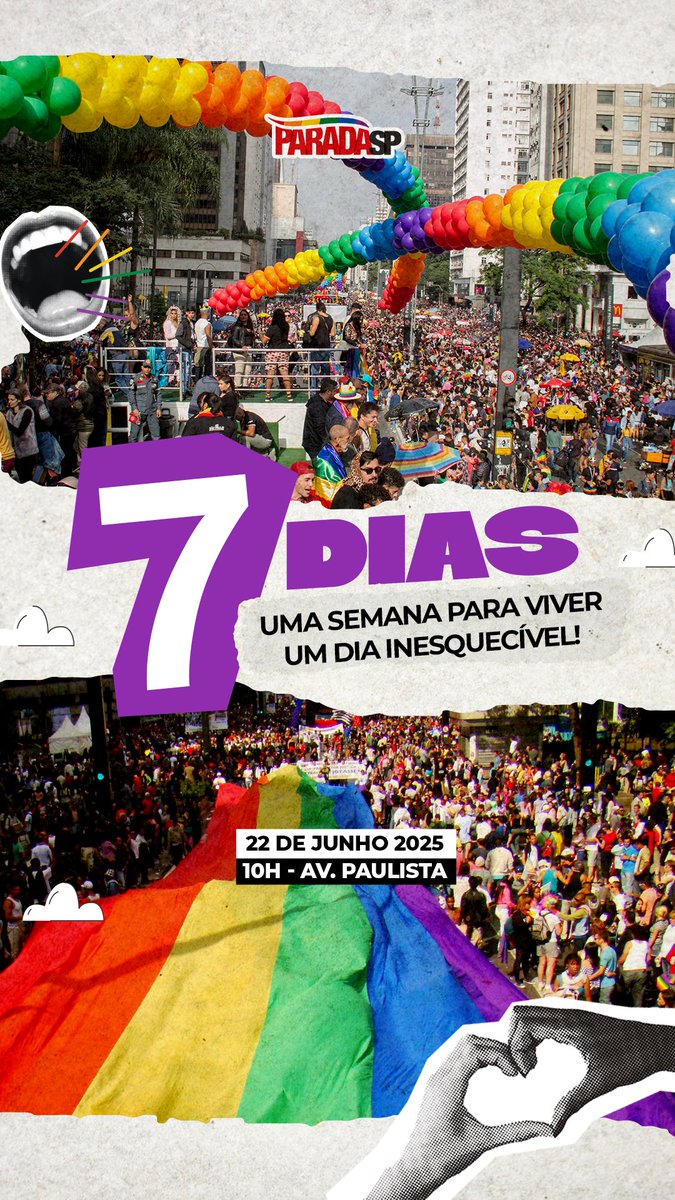paradasp's tweet photo. ⏰FALTAM 7 DIAS! Tá chegando o maior ato de orgulho e amor do mundo!
A contagem final começou, e a energia já tá lá em cima!
Comenta aqui: o que você mais espera ver este ano?
#Faltam7Dias #ContagemDoOrgulho #RumoAParada
#ParadaSP https://t.co/2uTwJnUusF