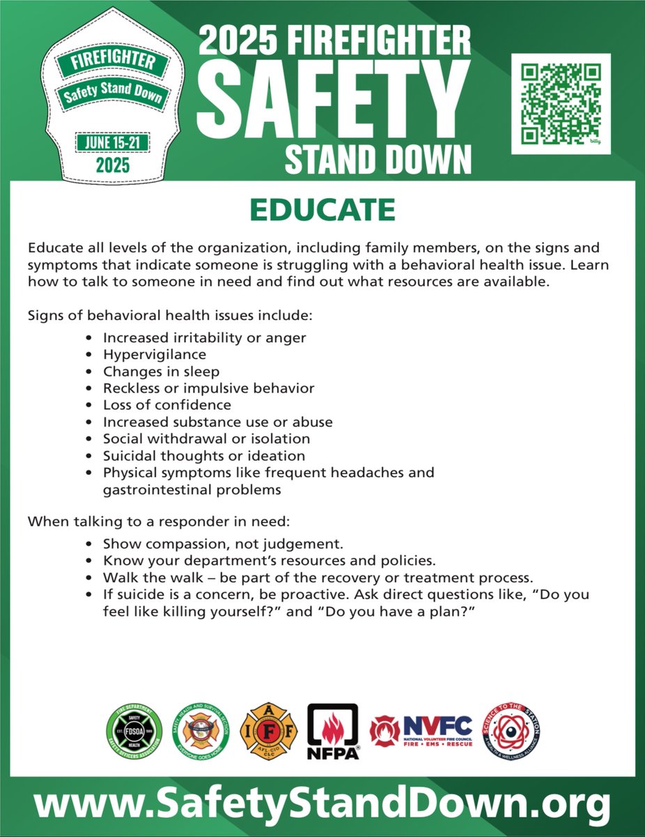 🚨 Firefighter Safety Stand Down 2025 continues! 🚨

📅 June 15–21

Today’s focus is on EDUCATE — making sure everyone, including family members, knows how to recognize the signs of behavioral health issues in first responders.

Signs may include:
• Increased anger or