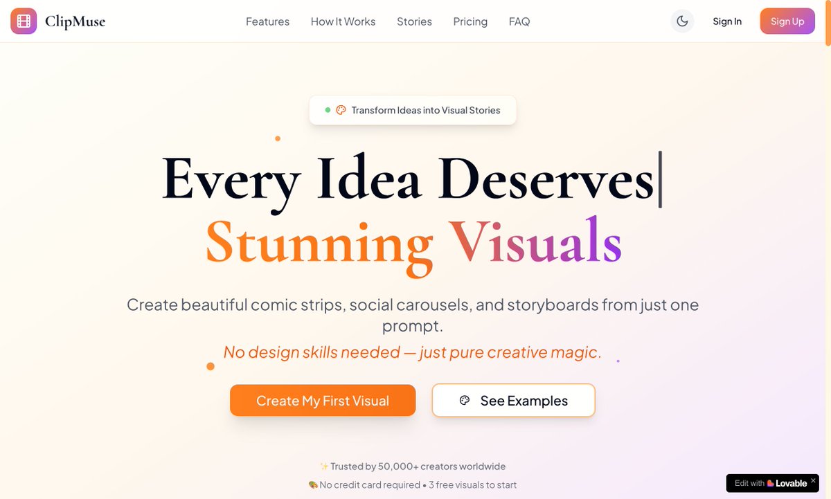i_build_mvps's tweet image. Submitted my app where users can create visual content from a single prompt like comic strips, social carousels, and storyboards

Although im not sure if it got submitted or not. Do i get an email for successful submission or can i see it on my dashboard ?
@lovable_dev