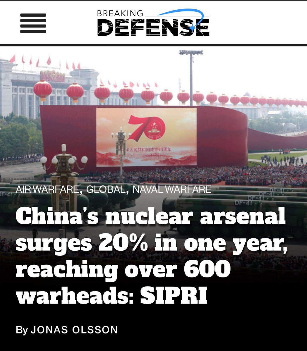 STOCKHOLM — China has boosted its nuclear arsenal by 100 warheads in just one year, growing from an estimated 500 to over 600 warheads in 2025, according to new data from the Stockholm International Peace Research Institute (SIPRI).

breakingdefense.com/2025/06/chinas…