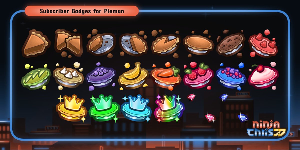 NinjaChris77's tweet image. Haven't yet shared all the Animated Emotes and new Subscriber Badges i made for @Pieman!!
So here they are! 🥧
Thank you so much again for commissioning me Pie,
loved working on all of these!