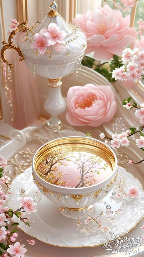 The delicate blend of pink cherry blossoms, elegant white teaware, and the intricate golden details creates a breathtakingly beautiful and ethereal scene. The artistry is truly mesmerizing!🪷☘️🌸🍀🌷🎋
