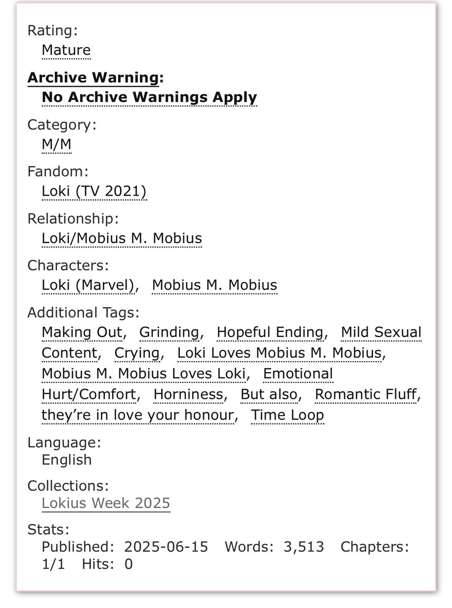 A Welcome Distraction | rated: mature, 3,513 words

💚 #lokius 
🧡 non-explicit mild sexual content
💚 horny grinding in the archives
🧡 time loop, hopeful ending

🔗 archiveofourown.org/works/66590296

written for <a href="/lokiusweek/">Lokius Week 2025</a> day 3, prompts: the archives &amp; longing #LokiusWeek2025