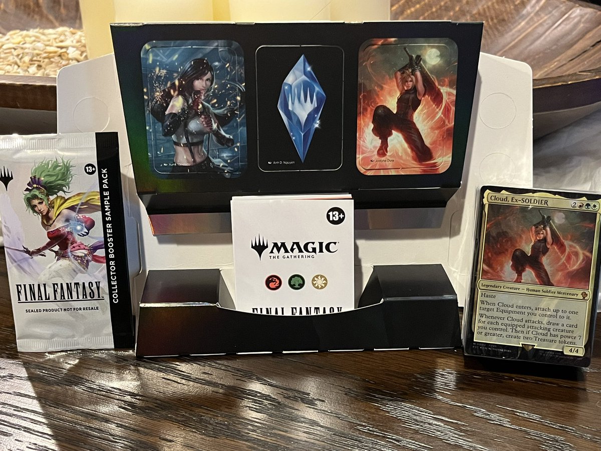 Finally opened my Limit Break MTG Commander deck. Beautiful packaging. I  just don't know why they gave cardboard tokens of the crystal, Cloud, and a  side character. Weird.