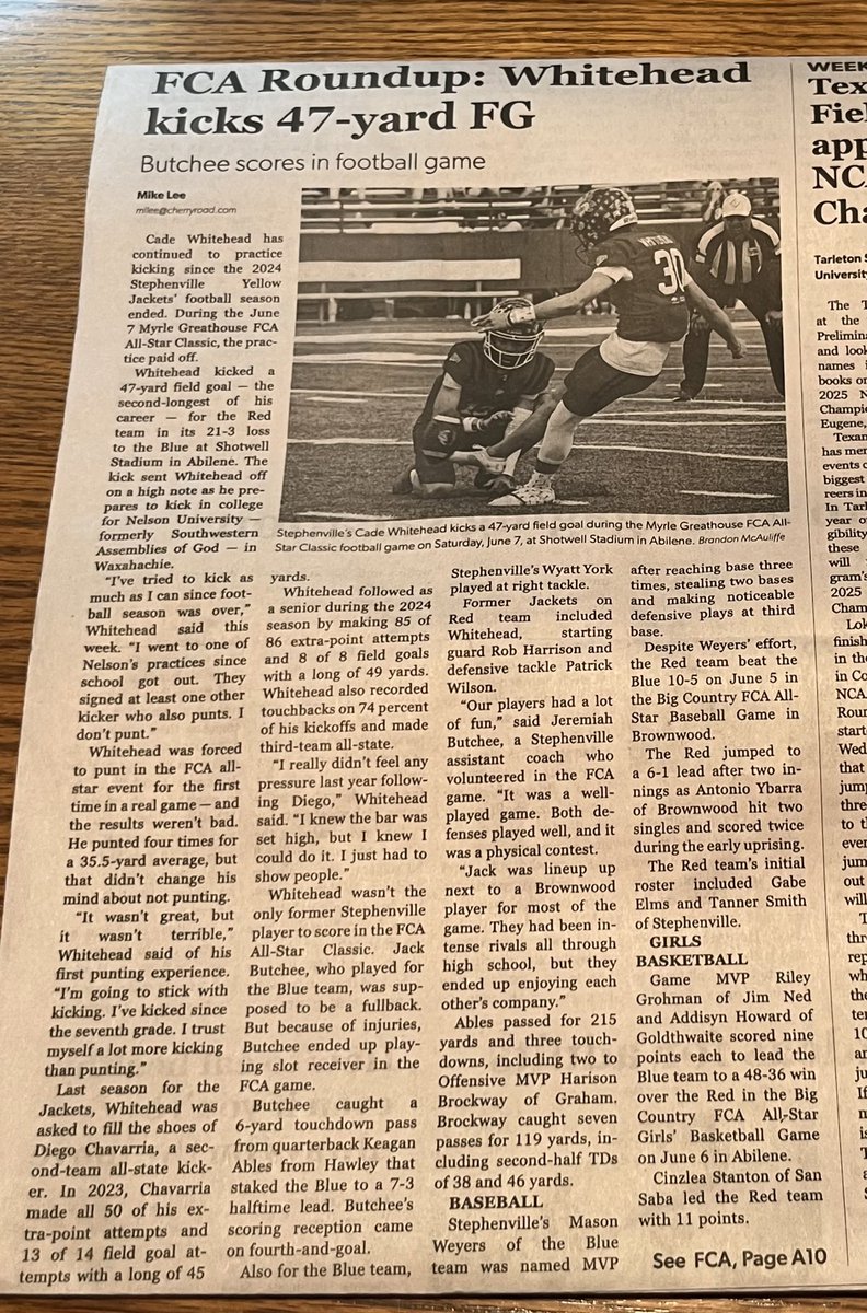 Write up over the FCA All-Star Game in this weeks Stephenville Empire Tribune.