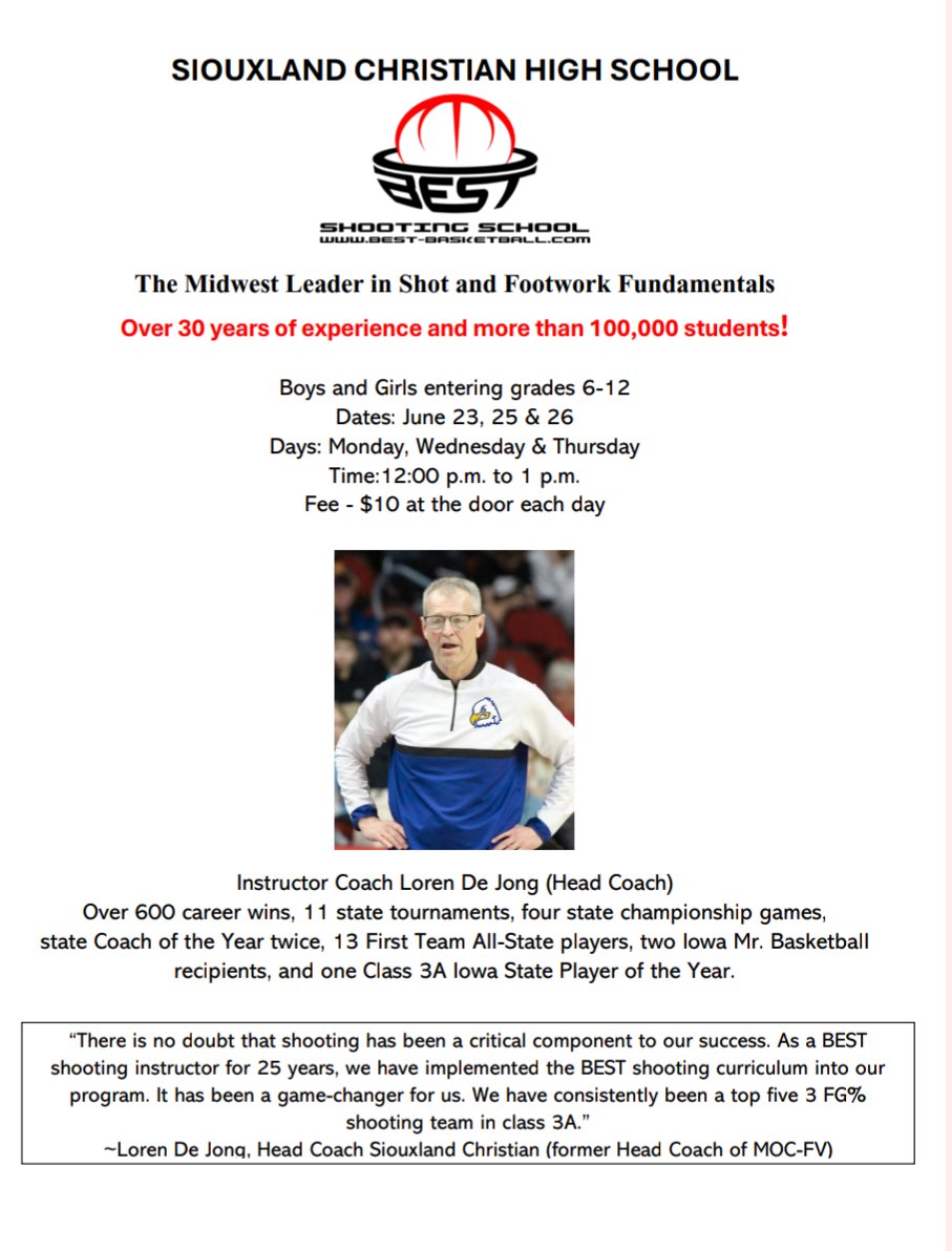 This is a BIG DEAL!!
An opportunity to make shooting improvement the priority in your summer training with one of the BEST coaches in the state of Iowa!