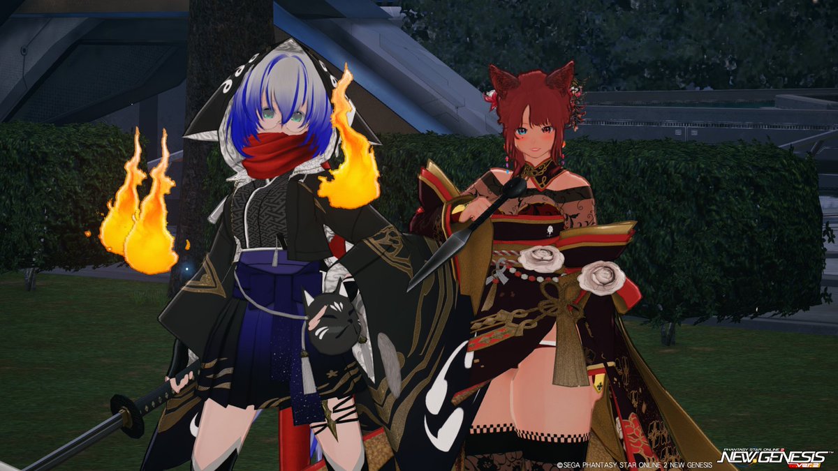 PeaceLayer0079's tweet photo. 皆さん、おはようございます♪
①恒例のsanaさんライブ（@sana0908ss）
②その後sanaさんと２ショット、衣装と相まって傘モーションがとてもお似合いでした💞
③HACHIMETALさん（@8metal_ship4）とパシャリ
黒狐と赤忍者のツーショットw
④ぼっちちゃんを何とか元に戻そうと奮闘中
#PSO2NGS_SS https://t.co/Hll1hW5sLy