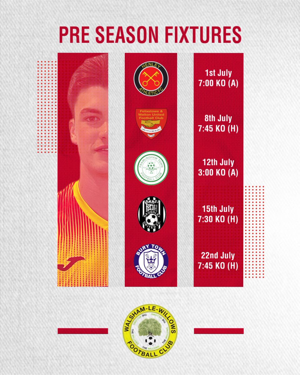 Walsham Le Willows Fc (@walsham_warbler) on Twitter photo πββοΈ Preseason Schedule πββοΈ
Some dates for your diary as we begin preparing for the new season in July!
We will face <a href="/HenleyAFC/">Henley Athletic FC</a>, <a href="/Felixseasiders/">Felixstowe & Walton Utd FC</a>, <a href="/TheCastlemen/">Framlingham Town FC</a>, <a href="/HaughleyFc/">Haughley United F.C</a> and <a href="/BuryTownFC/">Bury Town FC (P)</a>. πββοΈ Preseason Schedule πββοΈ
Some dates for your diary as we begin preparing for the new season in July!
We will face <a href="/HenleyAFC/">Henley Athletic FC</a>, <a href="/Felixseasiders/">Felixstowe & Walton Utd FC</a>, <a href="/TheCastlemen/">Framlingham Town FC</a>, <a href="/HaughleyFc/">Haughley United F.C</a> and <a href="/BuryTownFC/">Bury Town FC (P)</a>.