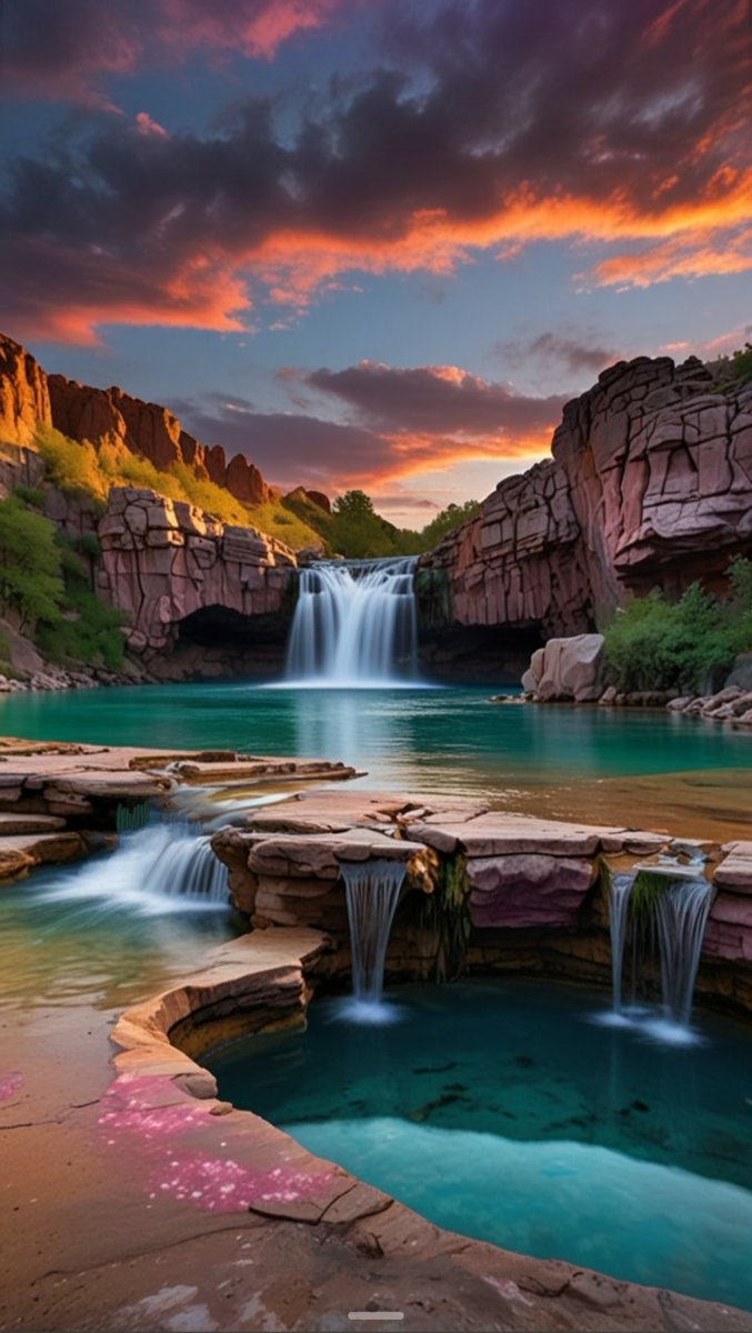 Heaven poured into stone and sky 
Where waterfalls whisper and dreams lie.
Nature carved a secret spell,
A sunset, a spring, where silence fell. 🌅💧✨