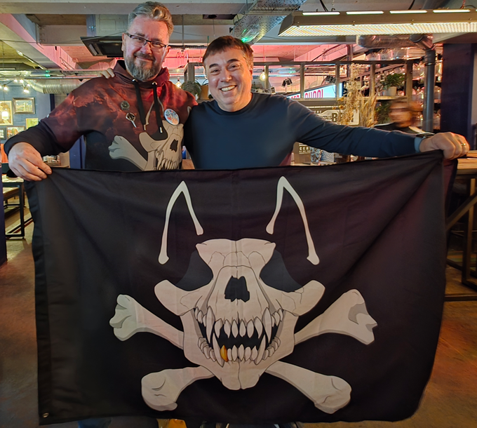 Fantastic time at #BarCitizen yesterday. 
Old friends, New friends, and drinking all the rum. Winning ships and plotting to steal Krackens (I was tempted <a href="/Only_Mr_O/">Only Mr O</a>! :D )
Surprise appearance by the Dread Pirate Roberts himself!
<a href="/MongrelSquad/">Mongrel Squad</a> sends their Regards! #StarCitizen