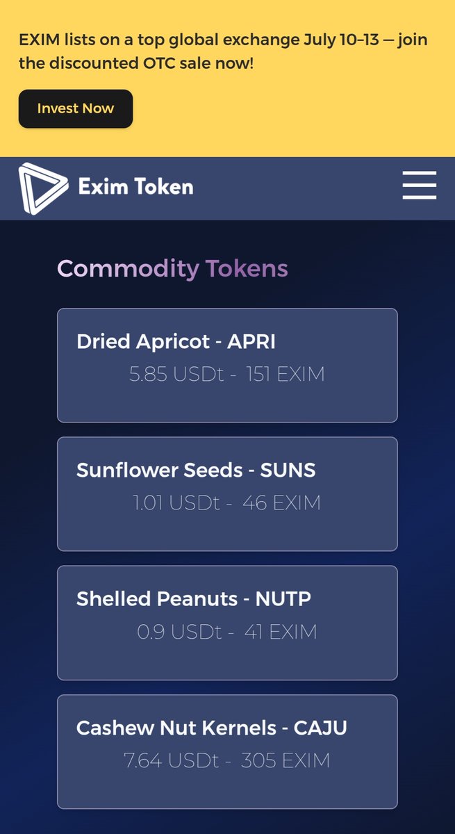 📈 Commodity Token Price Update – June 15

🔹 APRI (Dried Apricot) – 5.85 USDt | 151 EXIM
🔹 SUNS (Sunflower Seeds) – 1.01 USDt | 46 EXIM
🔹 NUTP (Shelled Peanuts) – 0.90 USDt | 41 EXIM
🔹 CAJU (Cashew Kernels) – 7.64 USDt | 305 EXIM

💡 Backed by real-world goods, these tokens