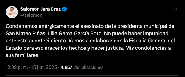 La presidenta de San Mateo Piñas, Lilia Gema García Soto, fue asesinada en el Palacio Municipal junto con otra persona, confirma Fiscalía de Oaxaca. El crimen ocurrió entre las 11:00 y 11:30. El gobernador Jara promete que no habrá impunidad. ¿Cuántas veces hemos escuchado eso?